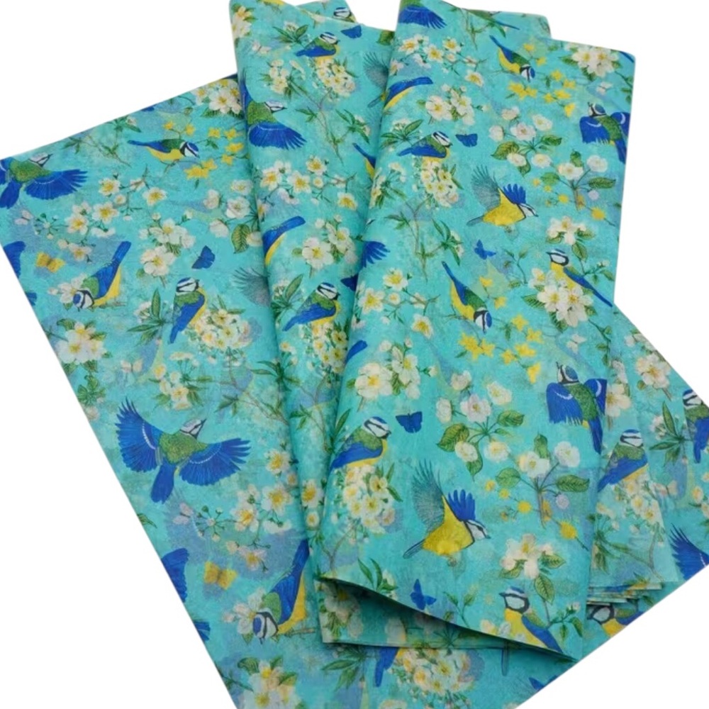 Turquoise Blue Floral & Bird Gift Wrapping Tissue - 5 Individual Sheets
